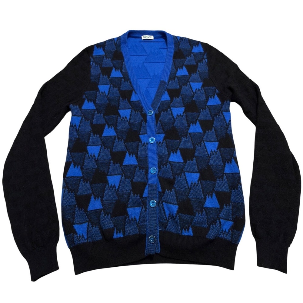Kenzo Paris 100% Cashmere Cardigan Blue Black Geometric Intarsia V-Neck Medium